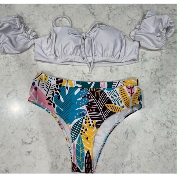 Shein Off The Shoulder Tropical Print Bikini Swims - Picture 2 of 6
